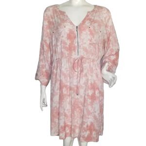 TORRID Shirt Dress, 3/3X, Pink/White, Tab Sleeves, Drawstring Waist, Zip Front